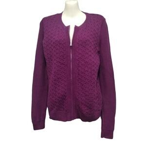 Talbots Zip Up Cardigan Long Sleeve Sweater with Textured Front, Burgundy, Sz XS